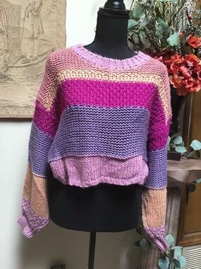 Altar'd State Pink Purple Tan Striped Cropped Knit Sweater